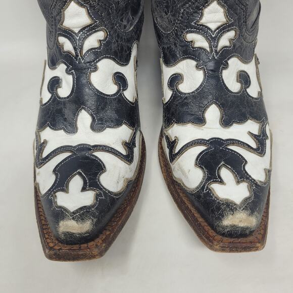 Corral Boots 7M Black White Leather Inlay Western Cowboy Cowgirl A1965 Crackle - Picture 4 of 14